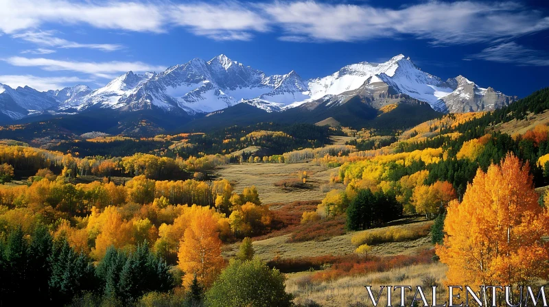 Snowy Peaks and Golden Trees Landscape AI Image