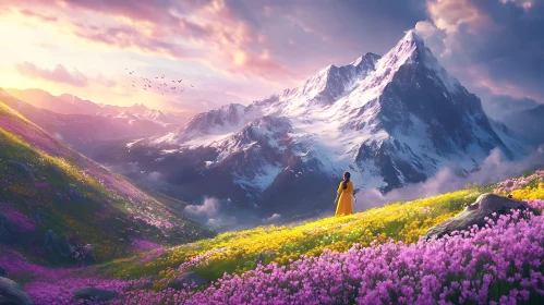 Woman in Field of Flowers, Mountain Backdrop