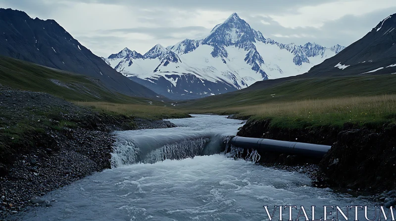 Snowy Peaks and Rushing River AI Image