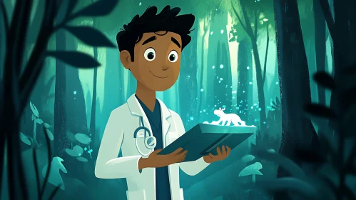 Cartoon Doctor in Teal Forest