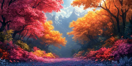 Colorful Autumn Forest with Mountain View