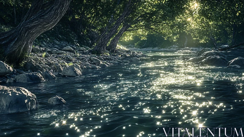 Sparkling River in a Forest with Sunlit Water and Stones AI Image