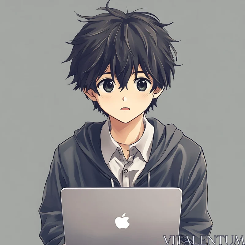 Anime Boy in Hoodie with Laptop AI Image