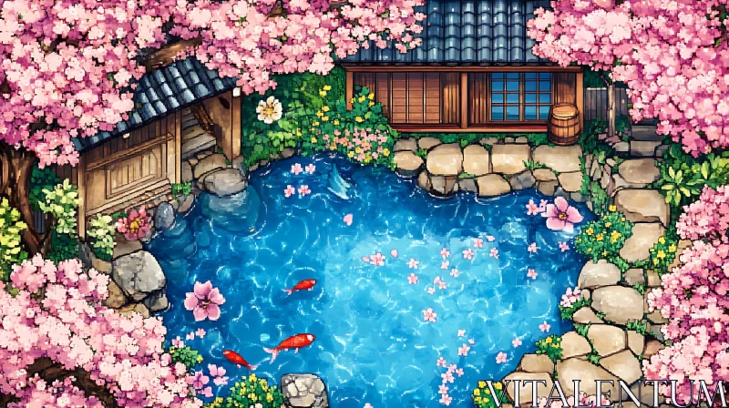 Japanese Koi Pond and Cherry Blossom Garden AI Image