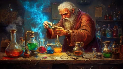 Alchemist at Work with Colorful Elixirs