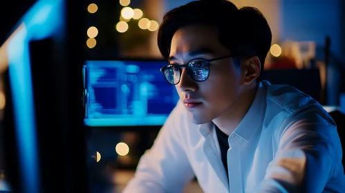 Man Coding in Blue Light