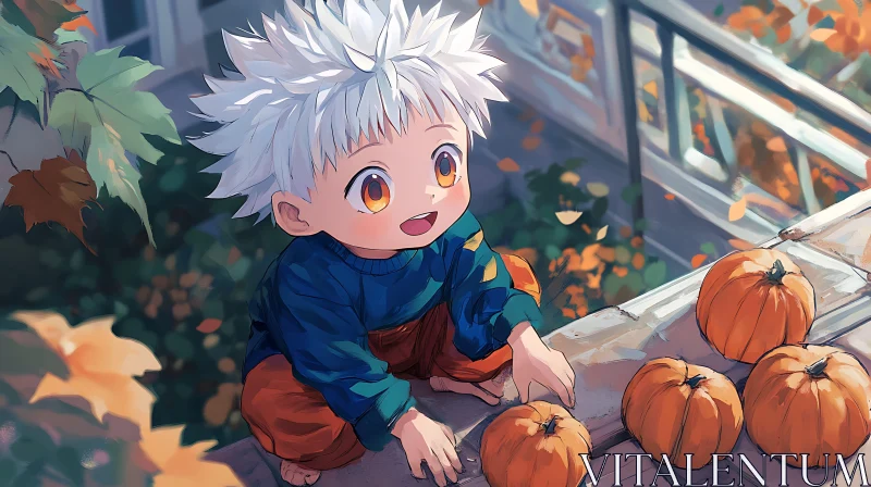 Anime Kid with Pumpkins in Autumn AI Image