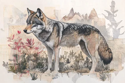 Artistic Wolf Portrait with Botanical Elements