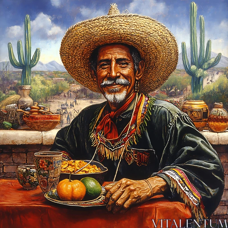 AI ART Smiling Man in Sombrero Amidst Desert Feast