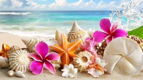 Seashells and Flowers on a Sunny Beach