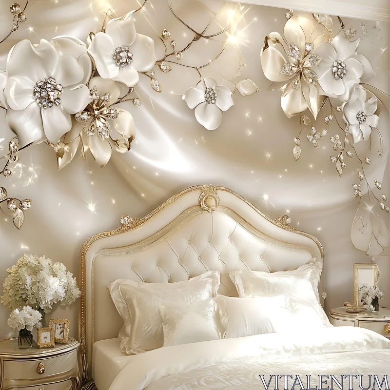 AI ART Elegant Bedroom Design with White Flowers and Gold Details