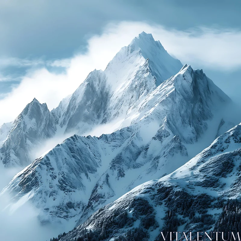 Snowy Mountain Range with Clouds AI Image