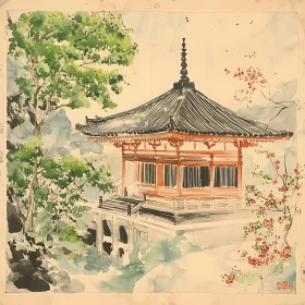 Asian Temple in Watercolor