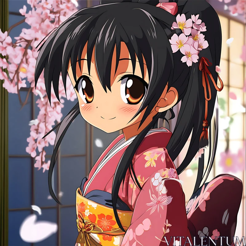 Traditional Kimono-Clad Anime Girl with Cherry Blossoms AI Image