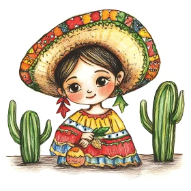 Colorful Mexican Girl Cartoon with Cacti