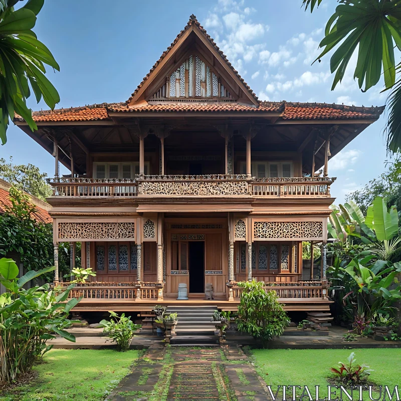 Intricately Carved Wooden House in Green Setting AI Image