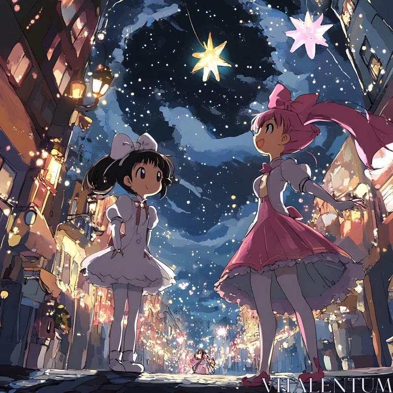 Enchanting Anime Girls Under a Starry Sky AI Image