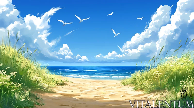 AI ART Seagulls Flying Over the Beach