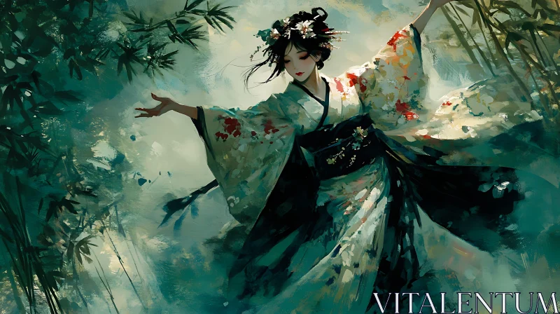 Geisha's Elegant Dance in Nature AI Image