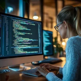 Woman Coding Late At Night With Glasses