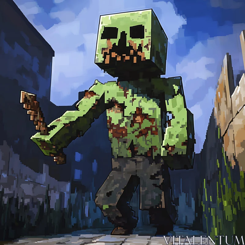 AI ART Blocky Zombie in Cityscape