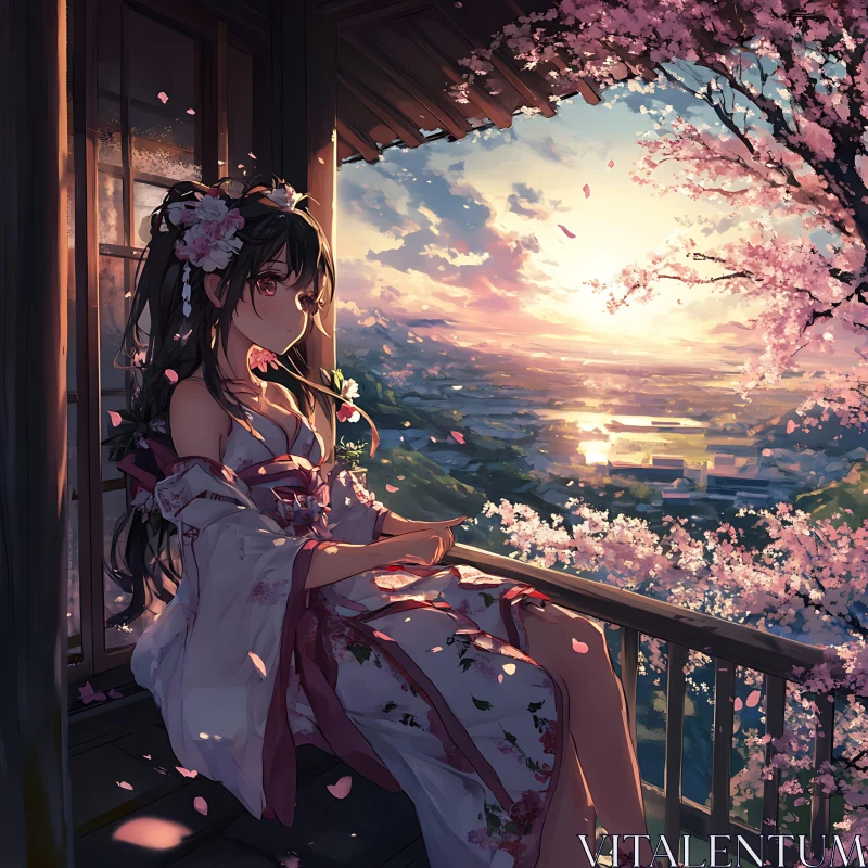 Serene Anime Girl in Floral Kimono on Balcony at Sunset AI Image