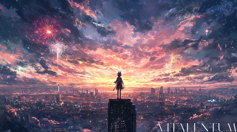 Fireworks Over Anime Cityscape at Sunset AI Image