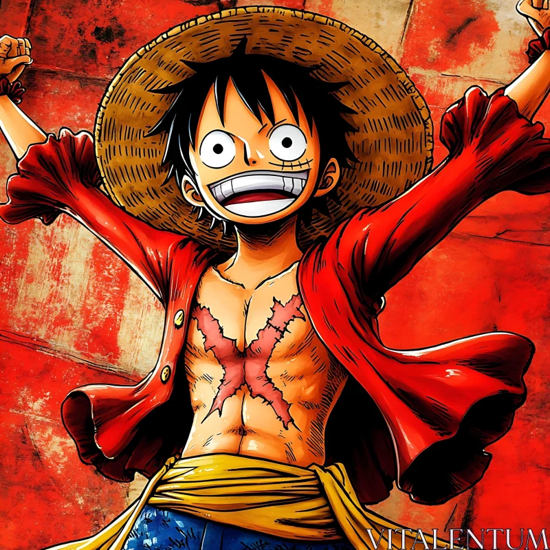 Energetic Anime Character in Straw Hat AI Image