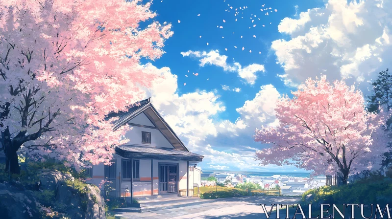 Cherry Blossom Season Near a Japanese Home AI Image