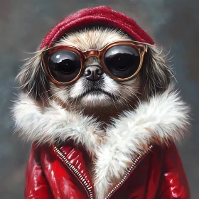 Fashionable Dog with Sunglasses and Red Jacket