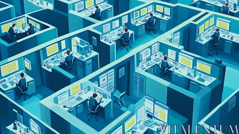 AI ART Blue Toned Office Cubicles Isometric View