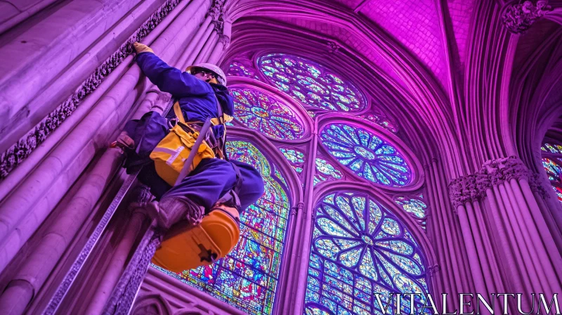 Maintenance Worker in Gothic Cathedral with Stained Glass AI Image