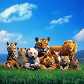 Diverse Feline Family Portrait Under Blue Sky