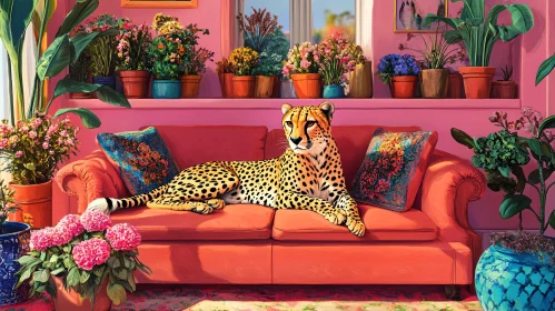 Elegant Cheetah Lounging in Floral Room