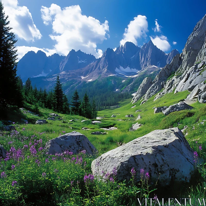 AI ART Alpine Meadow Landscape with Rocky Mountains