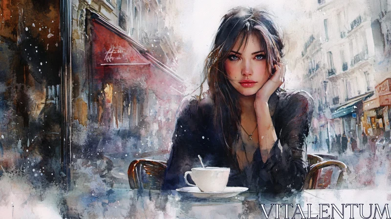 AI ART Woman Enjoying Coffee in a Surrealistic City Cafe