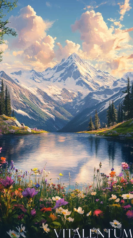 AI ART Serene Lake with Mountain and Blooming Flowers