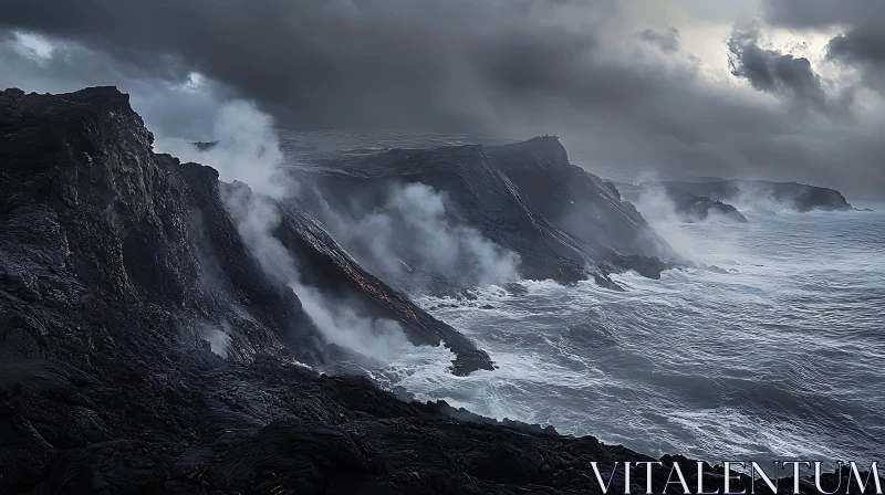 Turbulent Ocean and Volcanic Coast AI Image