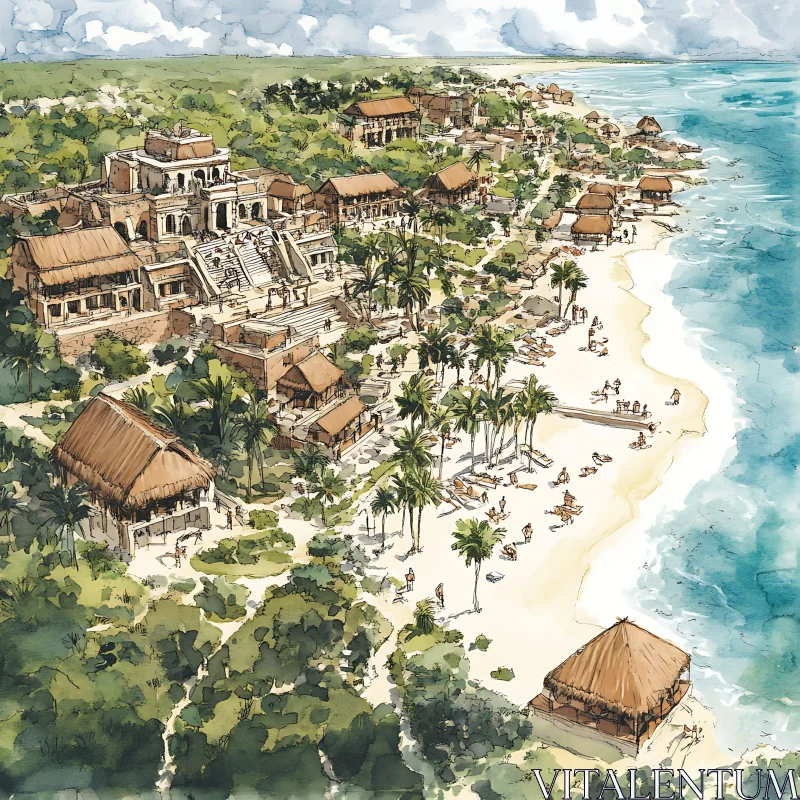 AI ART Watercolor Painting of Tropical Beach Resort