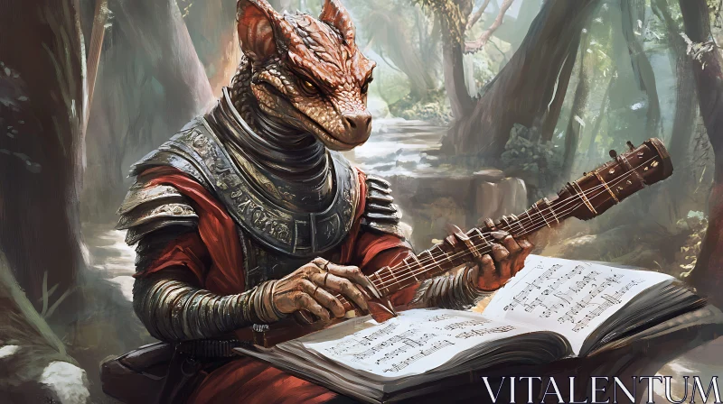 AI ART Armored Dragon Musician in the Woods