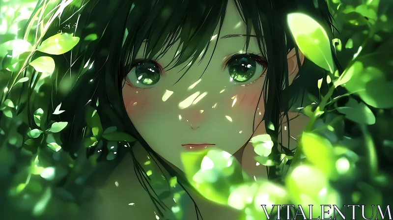 Serene Anime Girl in Nature with Green Leaves AI Image