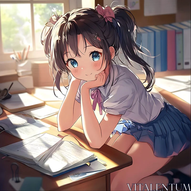 Anime Girl at Desk with Books in Sunlight AI Image