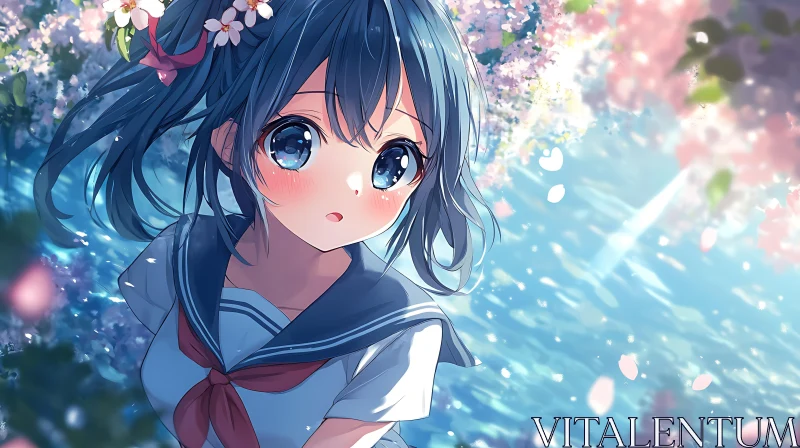 Sakura Blossoms and Anime Girl by the Water AI Image