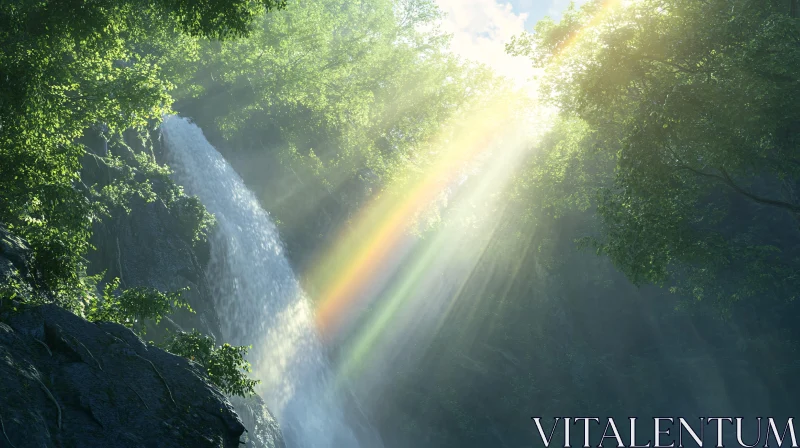 Nature's Wonder: Waterfall and Sunlight in Forest AI Image