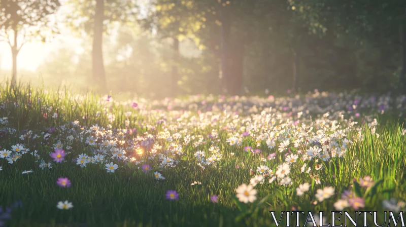 Sunlit Meadow with Blossoming Wildflowers AI Image