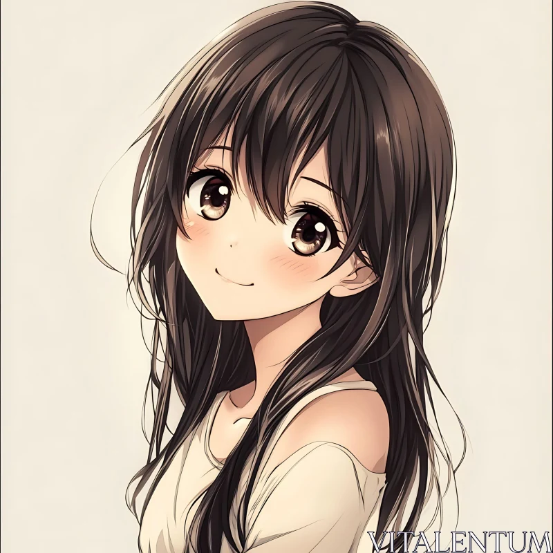 Anime Girl Portrait with Rosy Cheeks and White Off-Shoulder Top AI Image