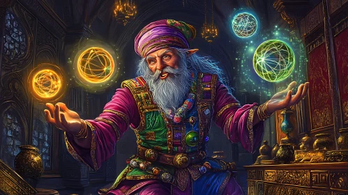 Magical Wizard with Glowing Spheres