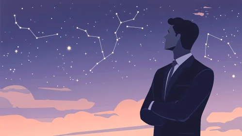 Man Gazing at Constellations in Night Sky