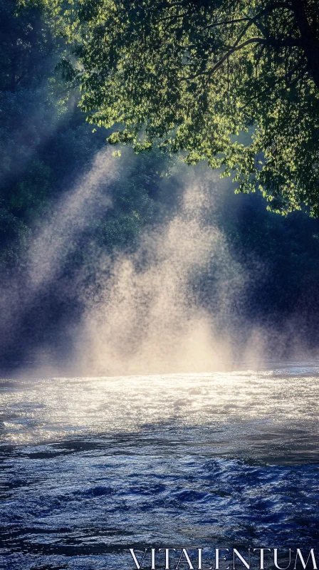 Peaceful River with Sunbeams and Mist AI Image