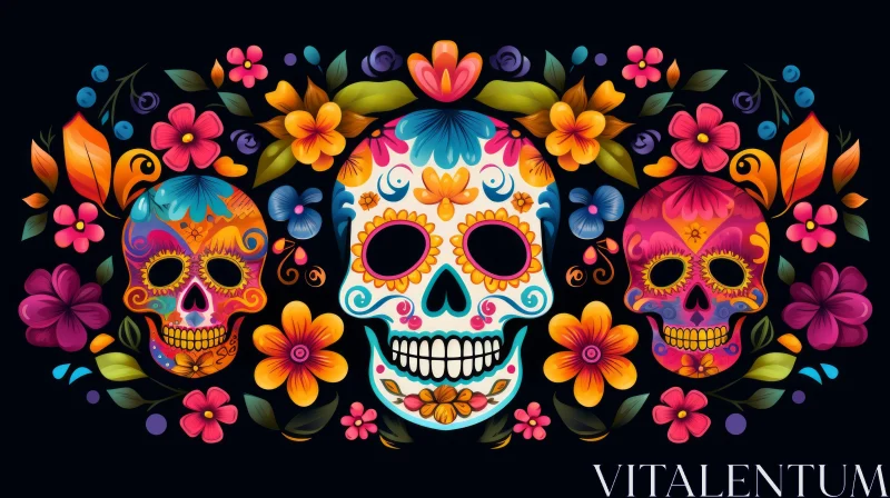 Colorful Sugar Skulls Artwork with Floral Surroundings AI Image